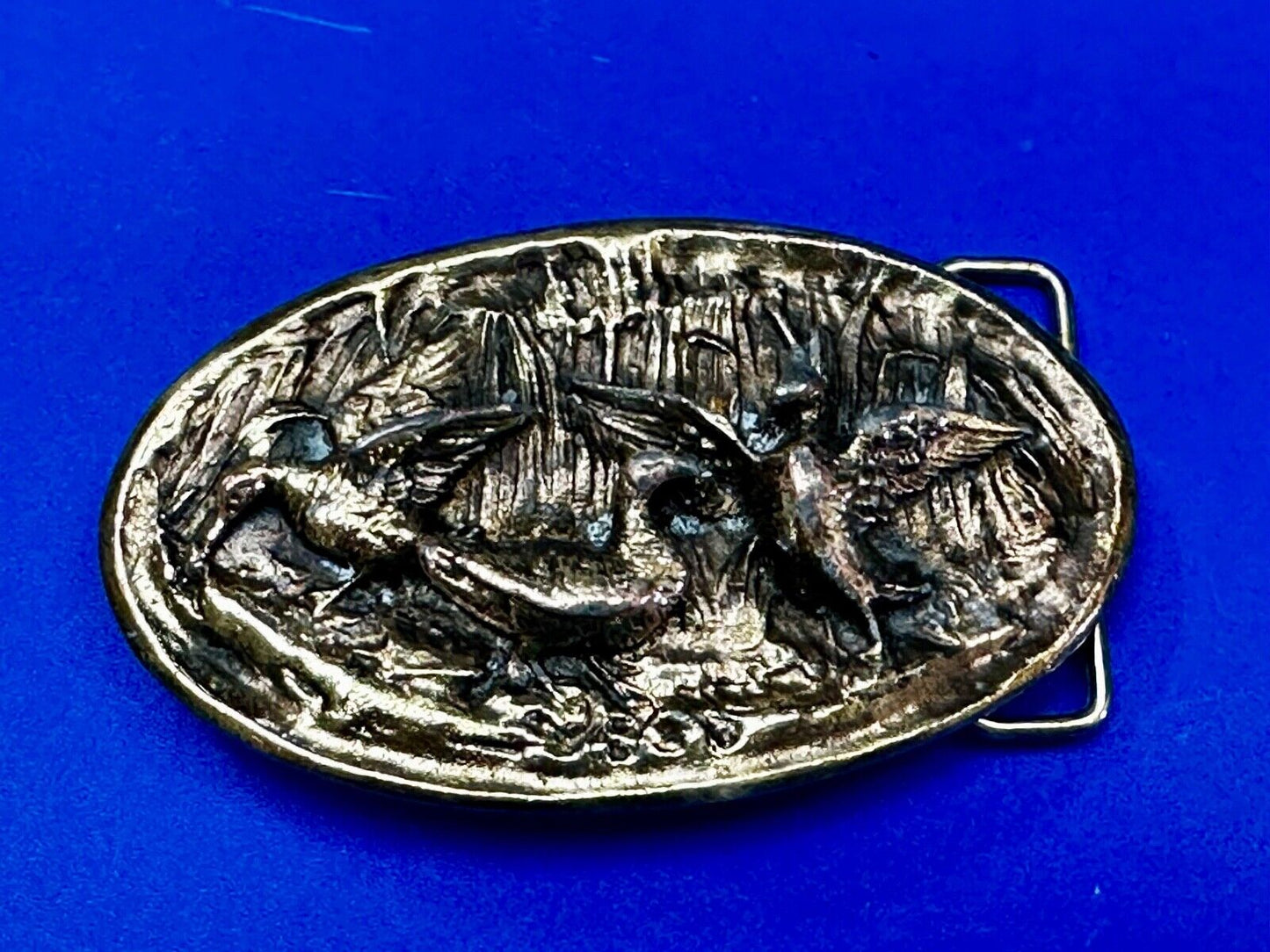Two Ducks Frolicking In Pond Vintage 1970's Adezy Denver Belt Buckle