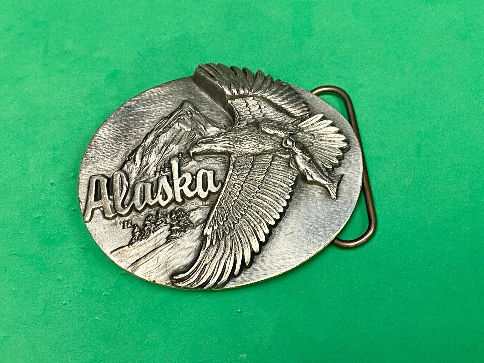 Vintage 1990 Hunting Flying Eagle W Salmon Alaska Belt Buckle