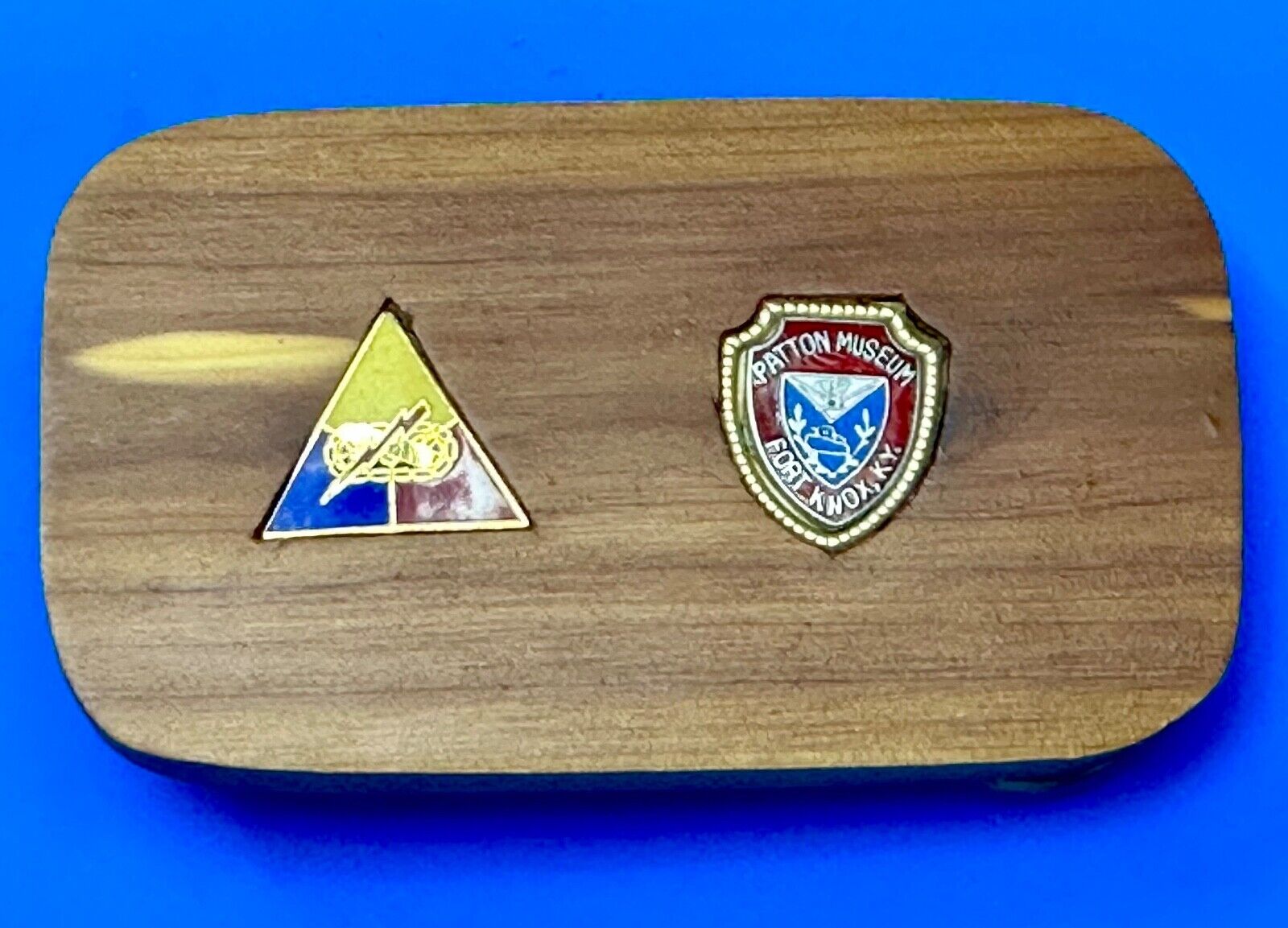 Two pins Patton Museum Fort Knox KY Artisan Inlaid project to wooden Belt Buckle