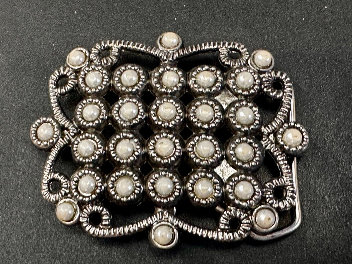 Victorian Style Faux Pearl Accented See-Trough Gray Metal Belt Buckle