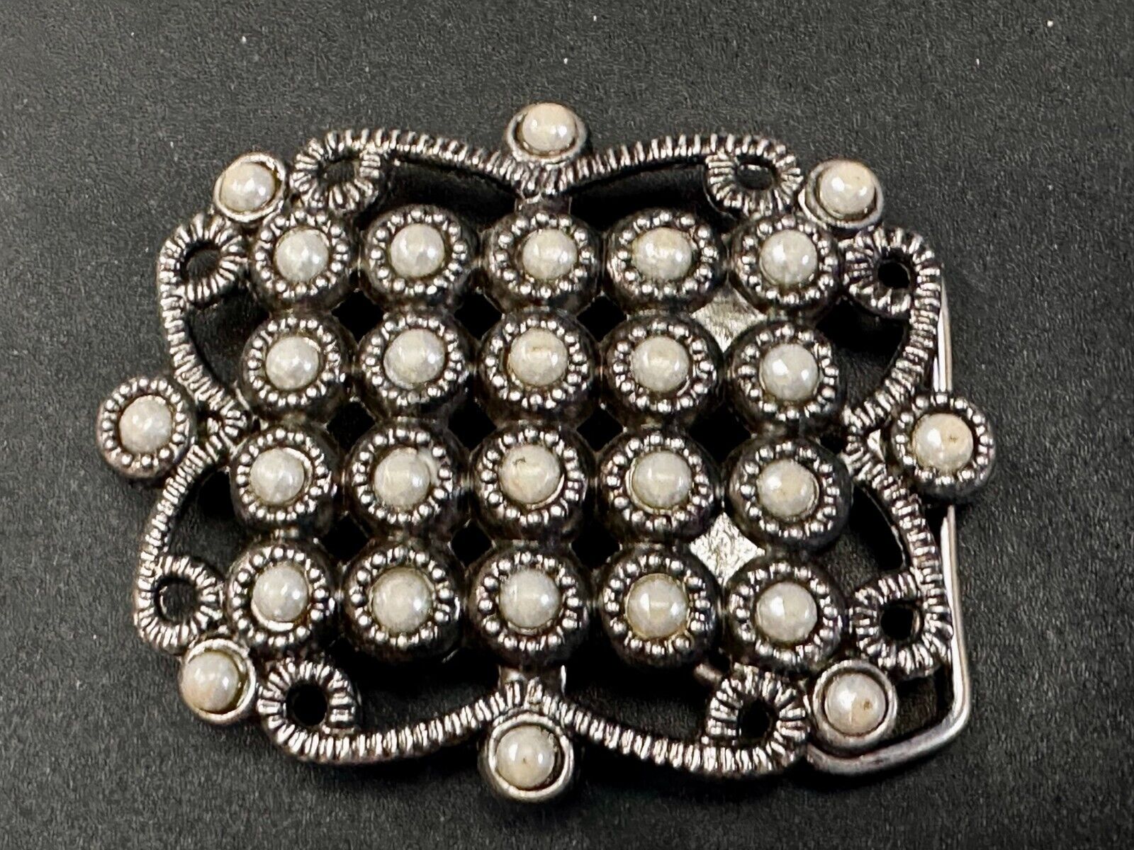 Victorian Style Faux Pearl Accented See-Trough Gray Metal Belt Buckle