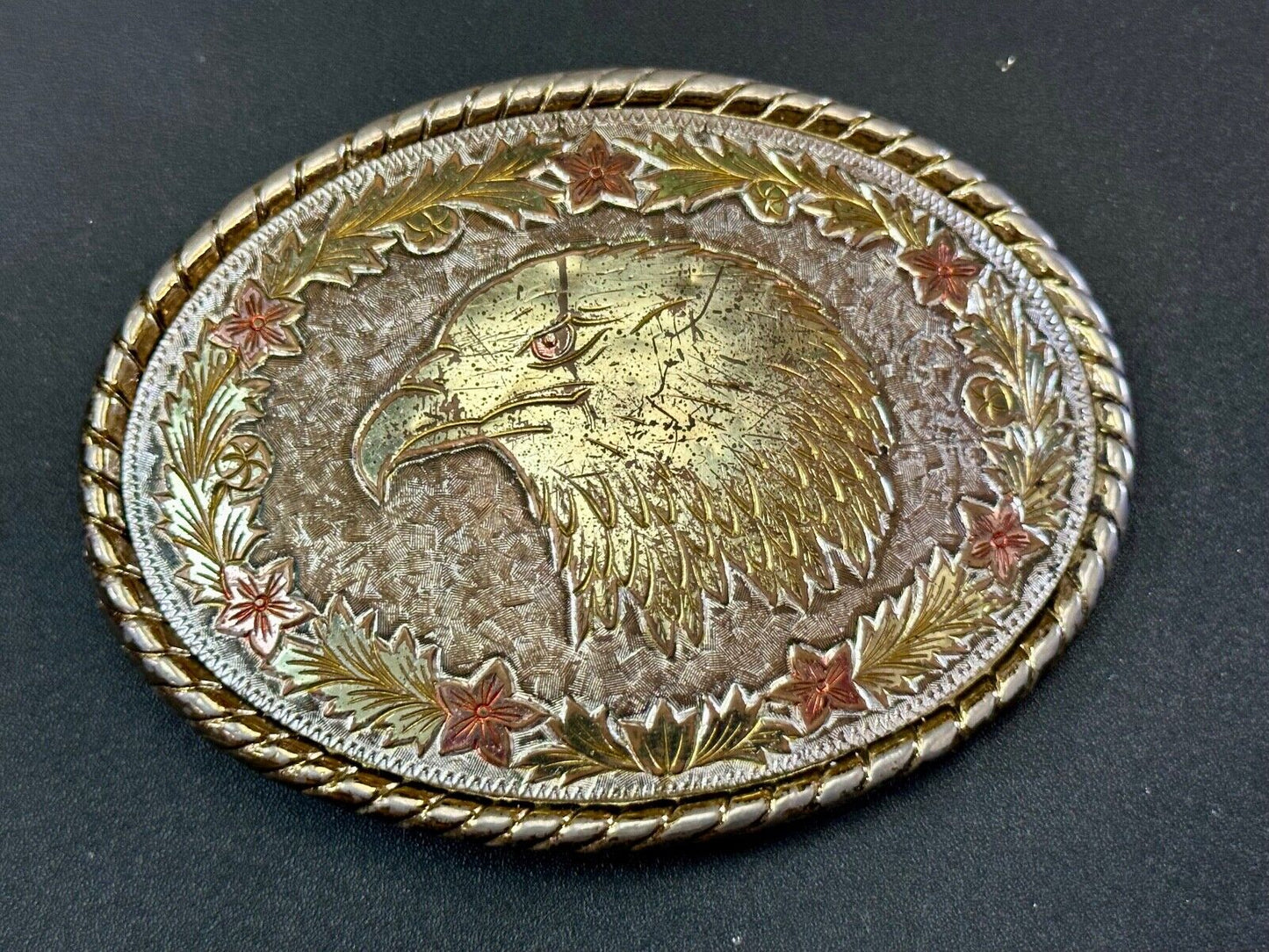 American Bald Eagle Bust profile, Mixed Color Etched belt buckle W Makers Mark