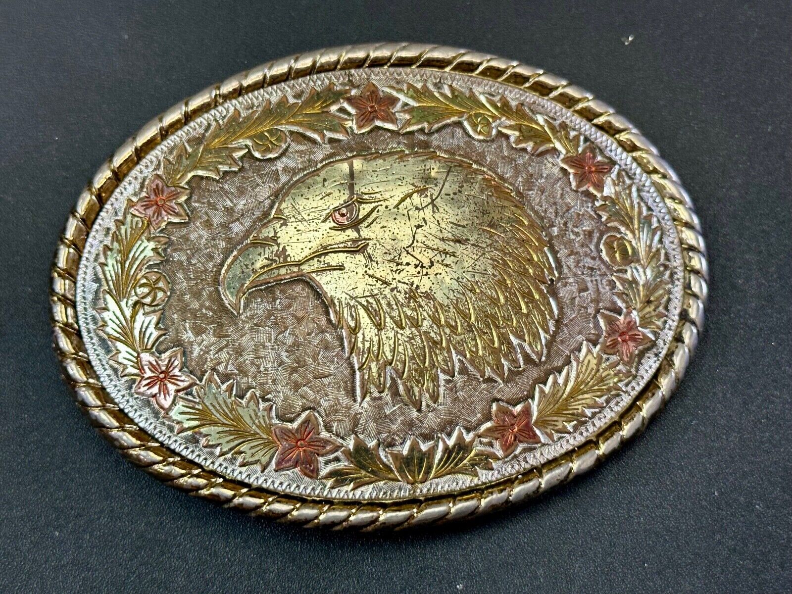 American Bald Eagle Bust profile, Mixed Color Etched belt buckle W Makers Mark