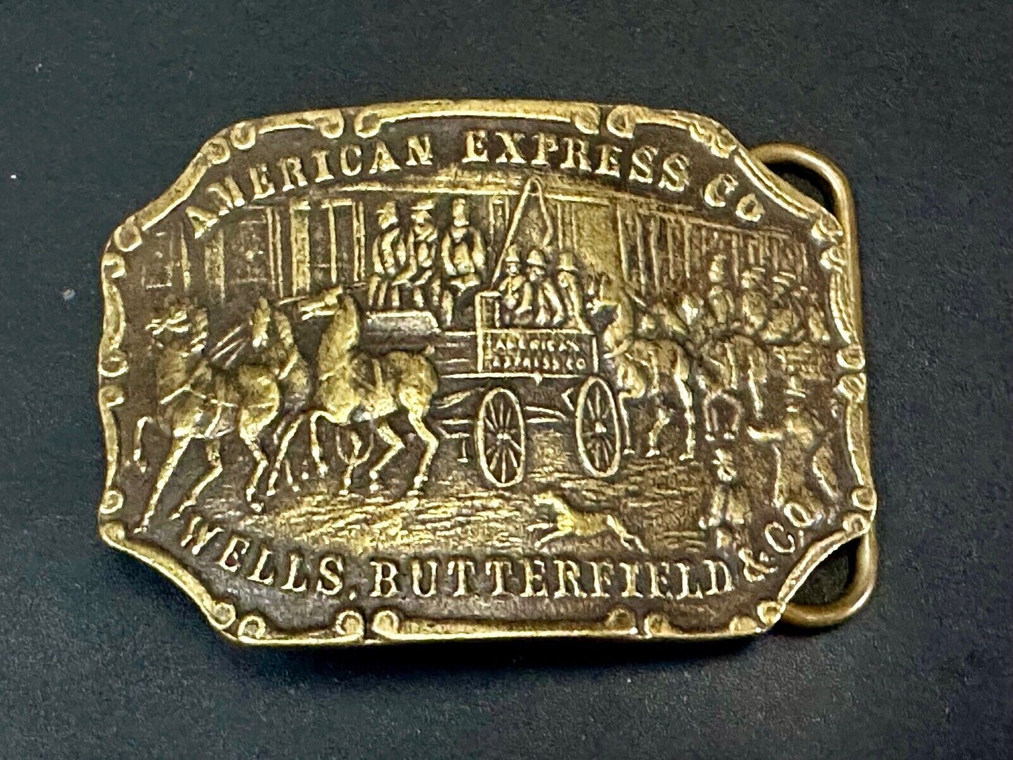 American Express Wells Butterfield stagecoach belt buckle - see back!