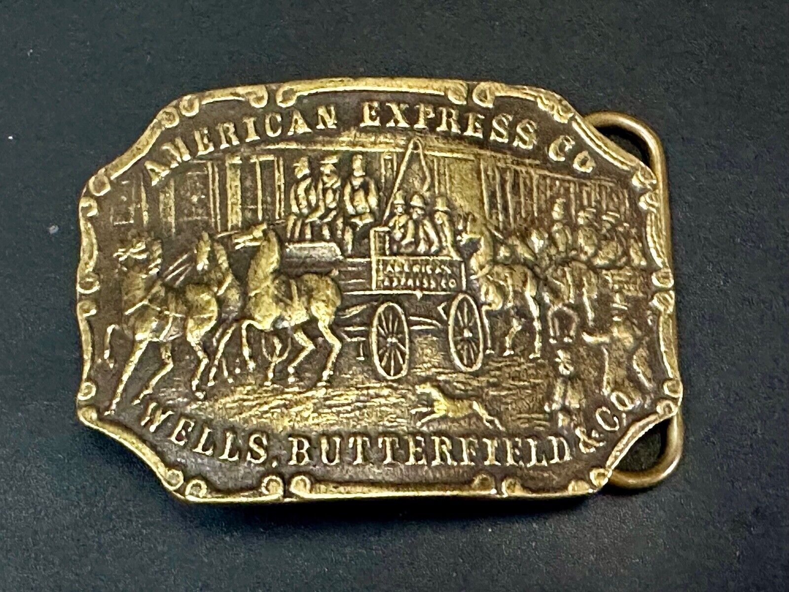 American Express Wells Butterfield stagecoach belt buckle - see back!