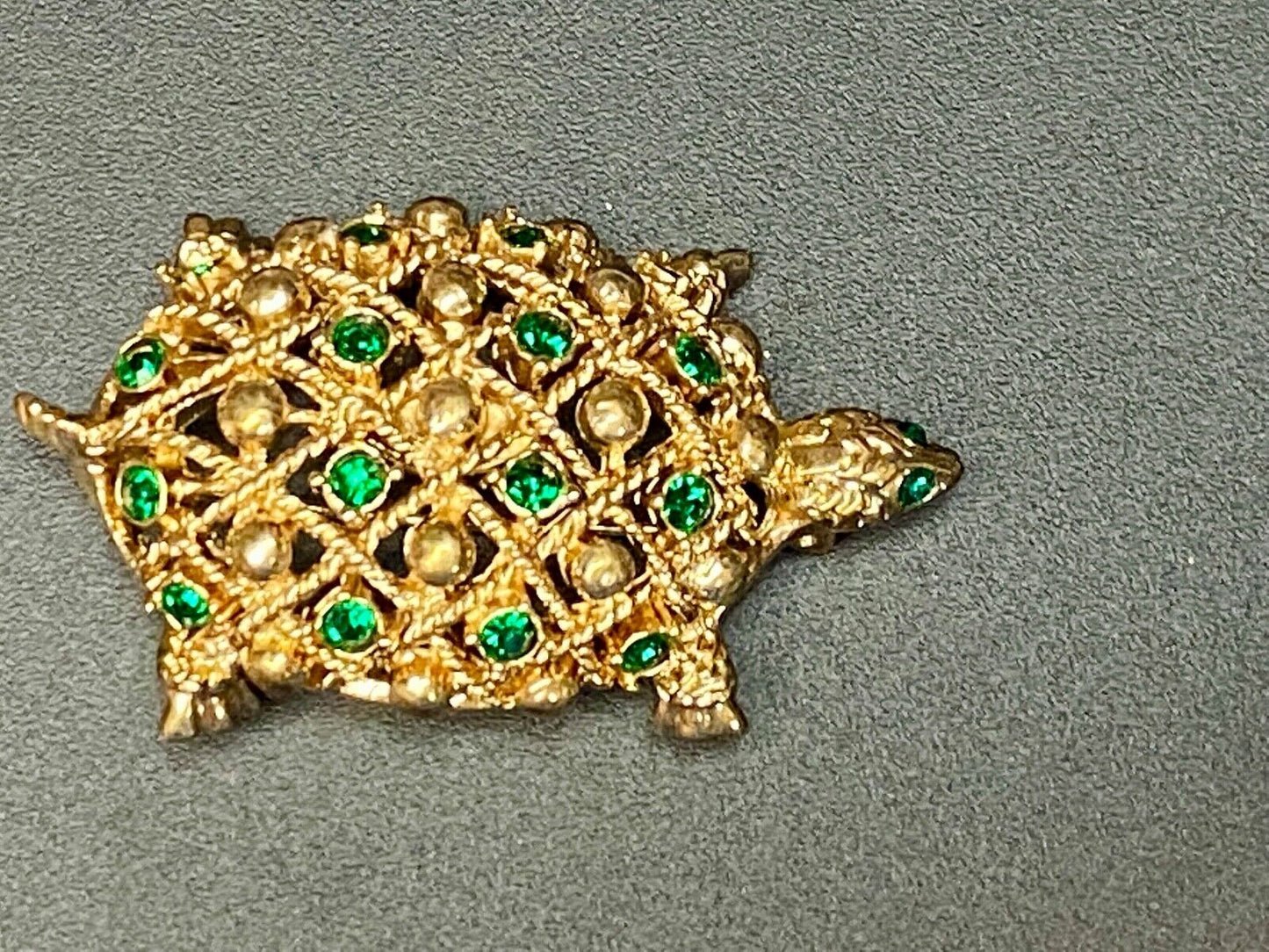 Turtle - Vintage Green Rhinestone Accented Gold Tone Brooch Pin by Allison Reed