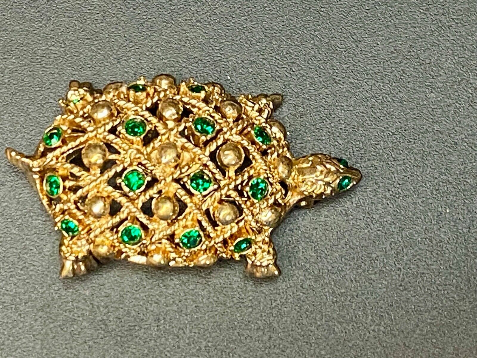 Turtle - Vintage Green Rhinestone Accented Gold Tone Brooch Pin by Allison Reed