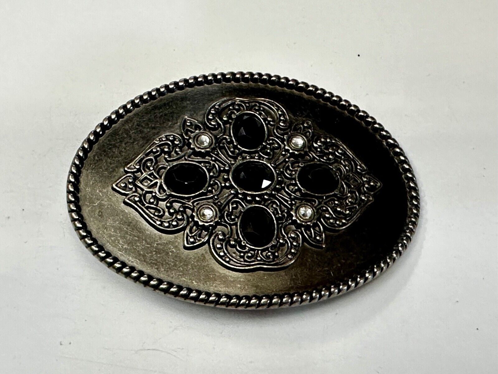 Black & White Rhinestones on Ornate Western Oval Belt Buckle with Rope Border