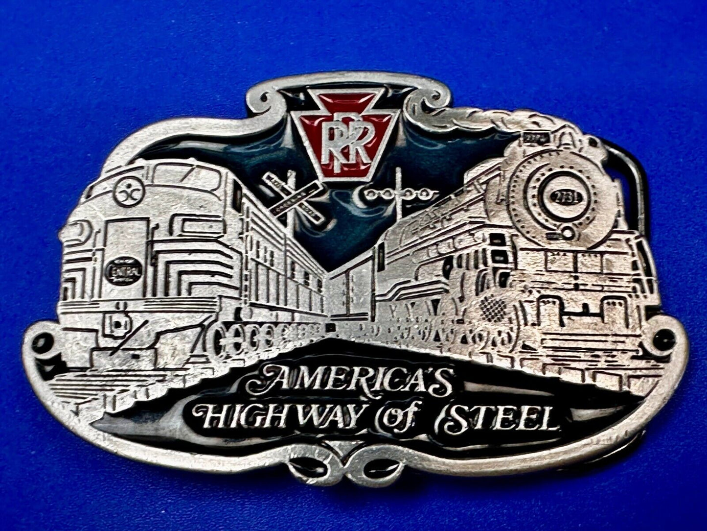 America’s Highway Of Steel RR Double Railroad Train Belt Buckle Made in USA 2396