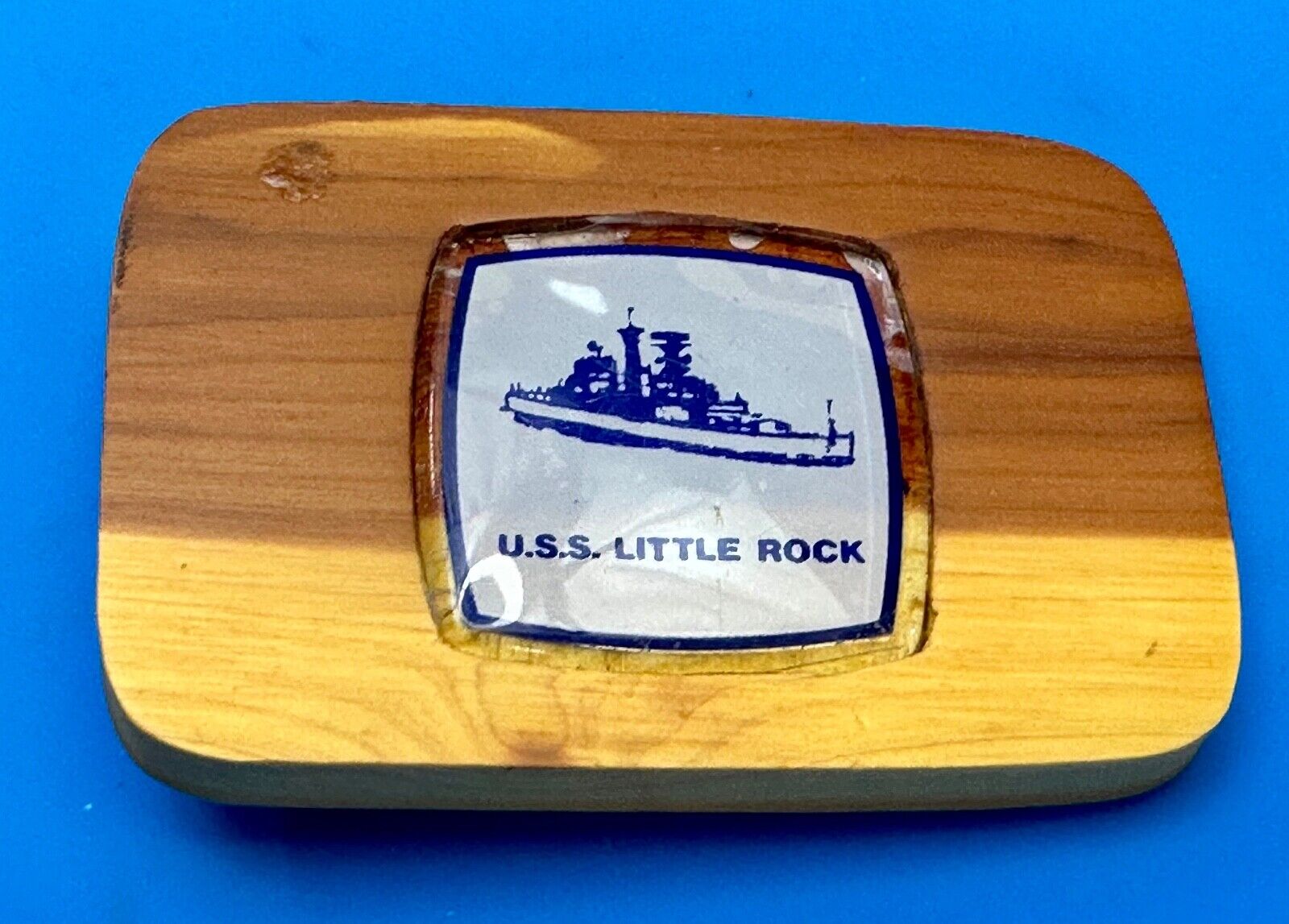U.S.S Little Rock Combat Navy Ship Pin Custom Artisan Inlaid to Wood Belt Buckle