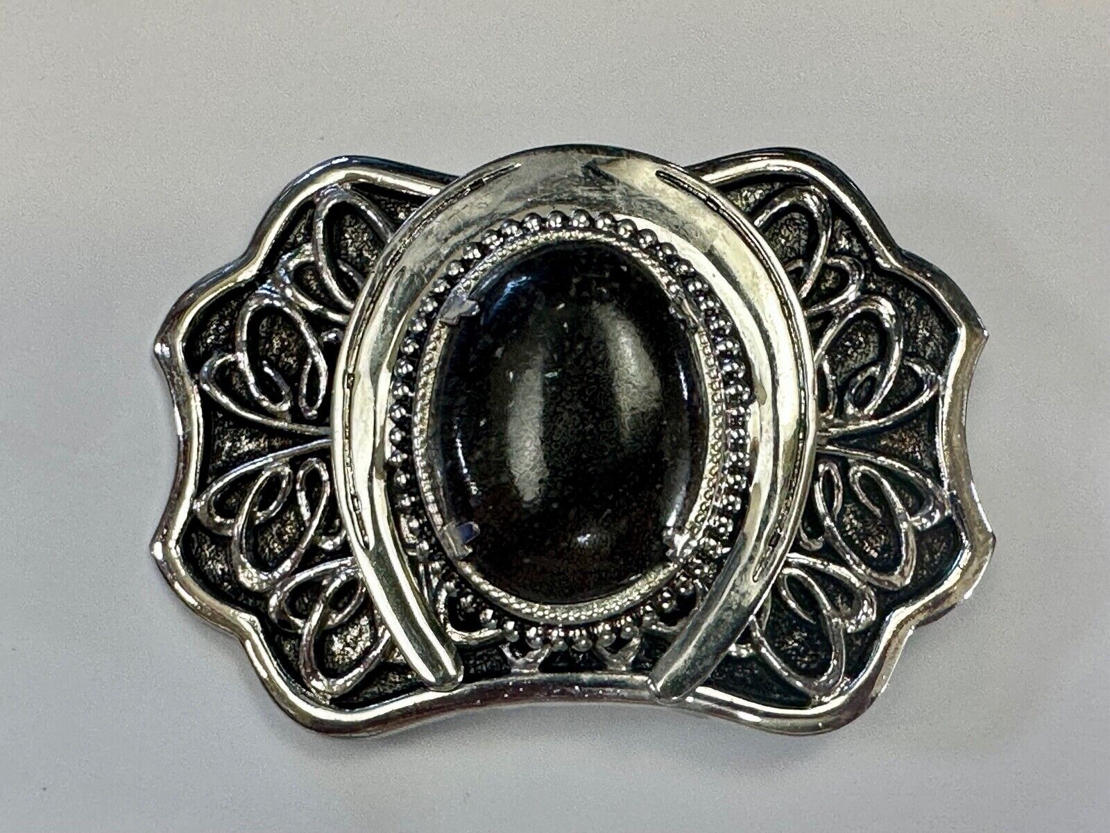 Beautiful Black Detailed cabochon cab stone centerpiece on horseshoe belt buckle