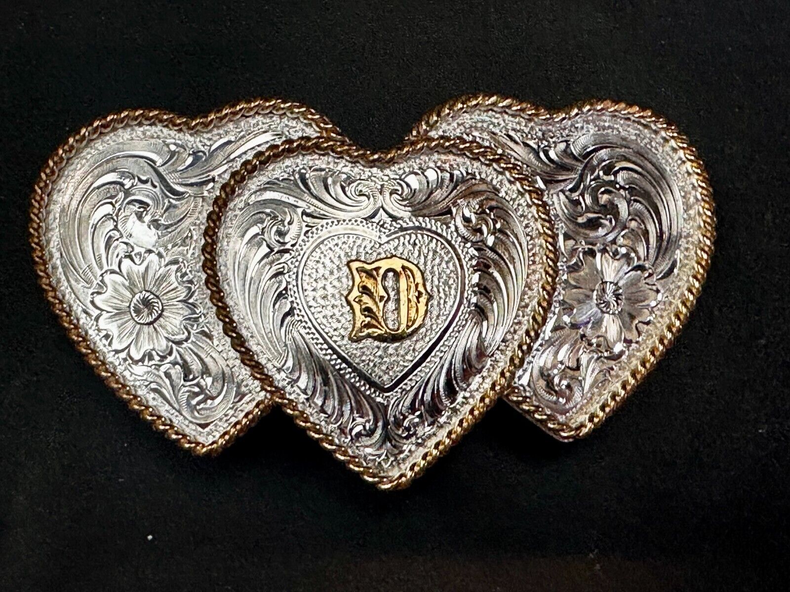 Three Triple Hearts With Initial Letter D Montana Silversmiths Belt Buckle