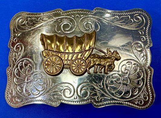Vintage Covered Wagon two tone ornate cowboys out west flower swirl belt buckle