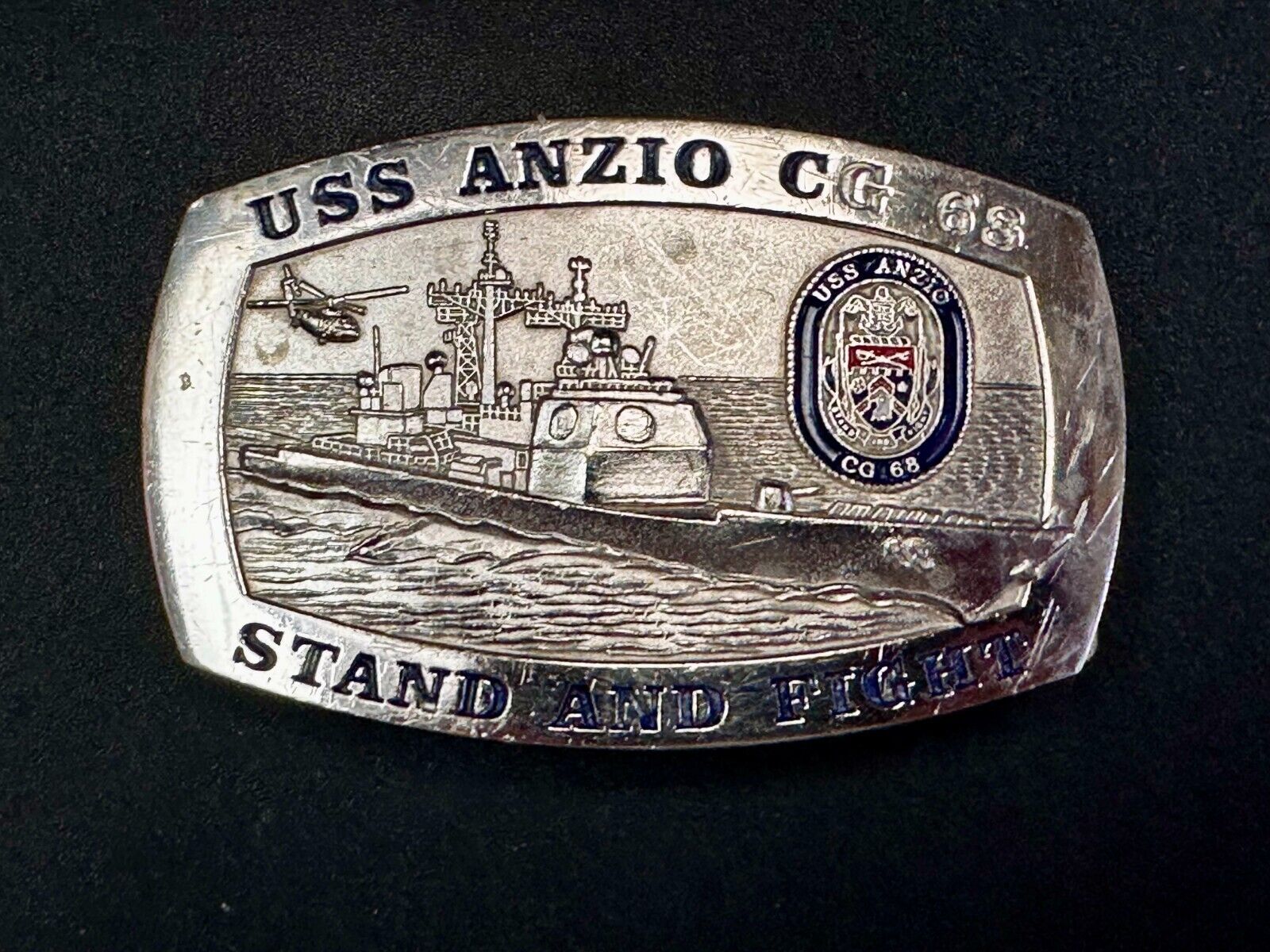 U.S.S. Anzio CG 68 Missile Cruiser Ship Stand and Fight US Navy Vtg. Belt Buckle