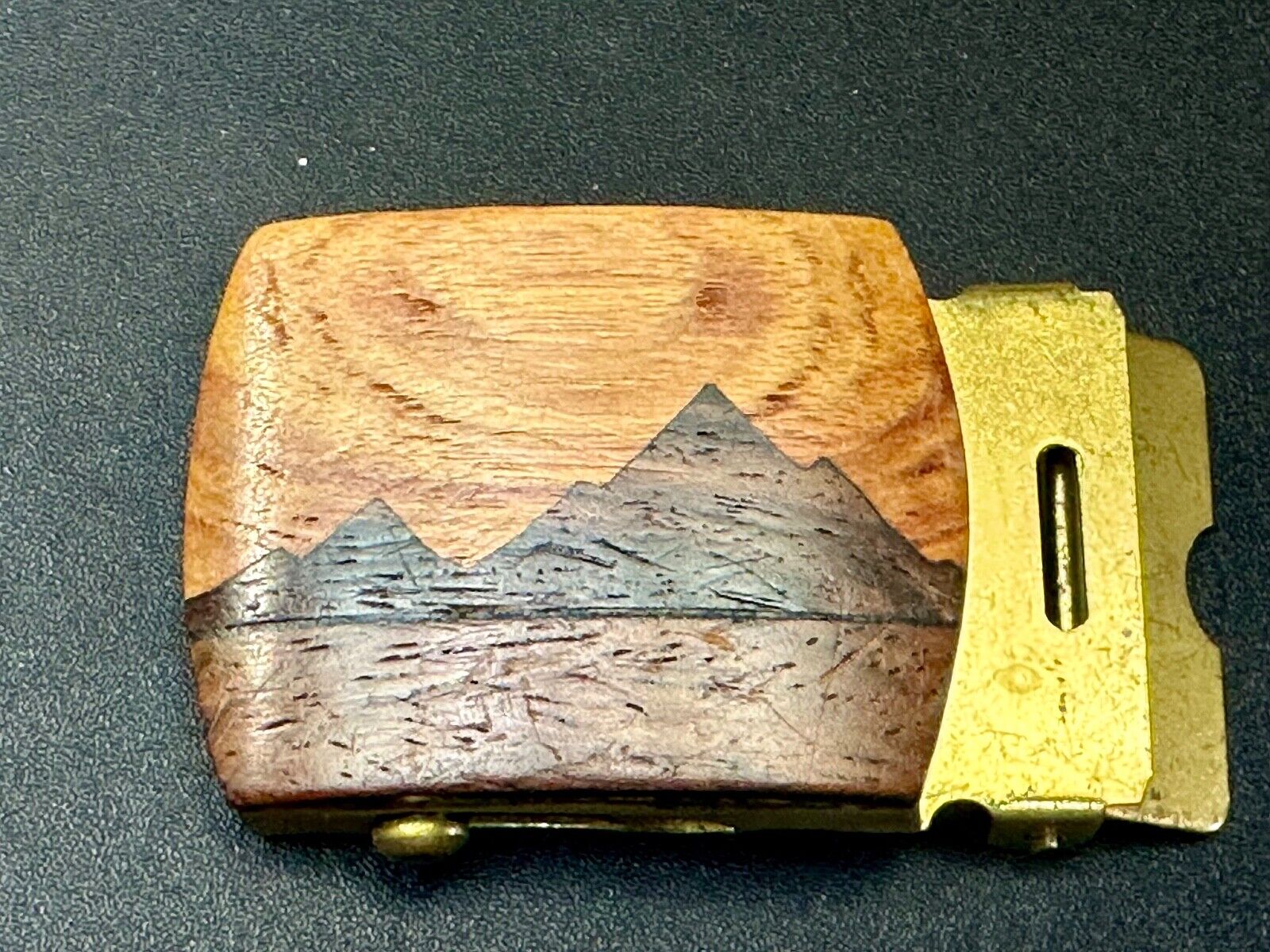 Artisan Mountain scene - Mixed Wood Top Solid Brass Ratchet Dress Belt Buckle