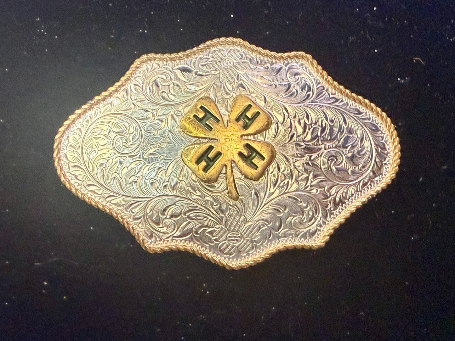 4H Leaf Swirl Ornate German Silver Montana Silversmiths Belt Buckle