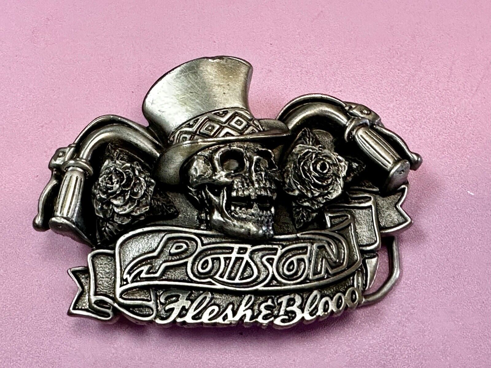 80's Poison Rock Band Skull in Top hat Rose Flesh & Blood Album 1992 Belt Buckle