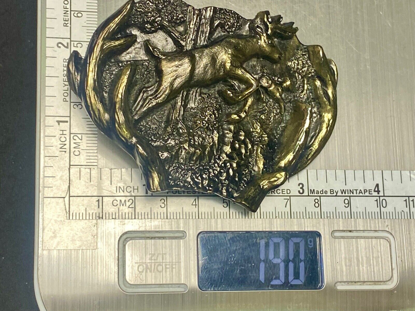 3D Buck Deer & Doe in woods - Vintage Belt Buckle 1982 Great American Buckle Co.