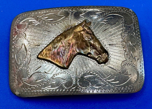 Vintage horse head engraved floral pattern 2-tone belt buckle to restore or wear