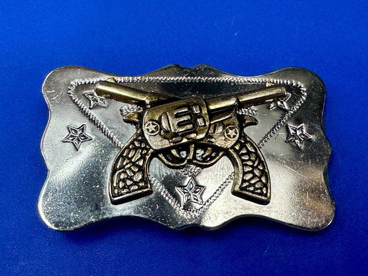 Vintage Cowboys Six Shooter gun's crossed western two tone belt buckle