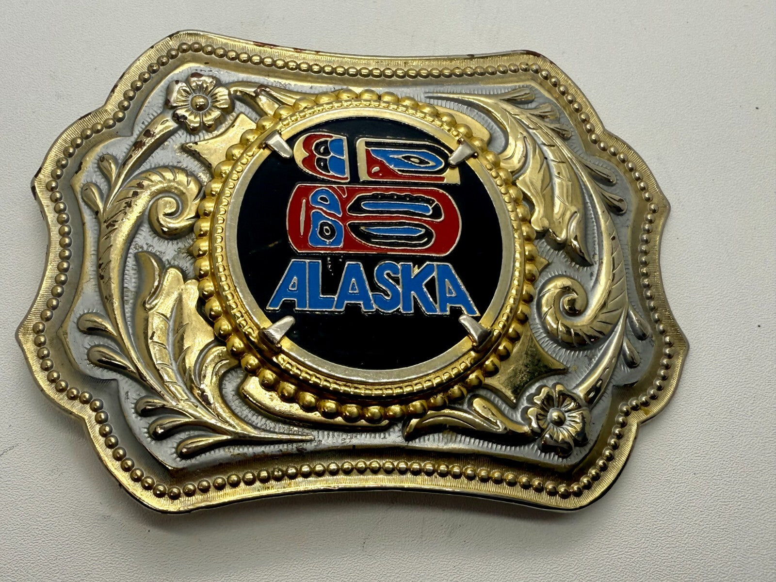 ALASKA Alaskan State Centerpiece on Gold Color Western Style Belt Buckle