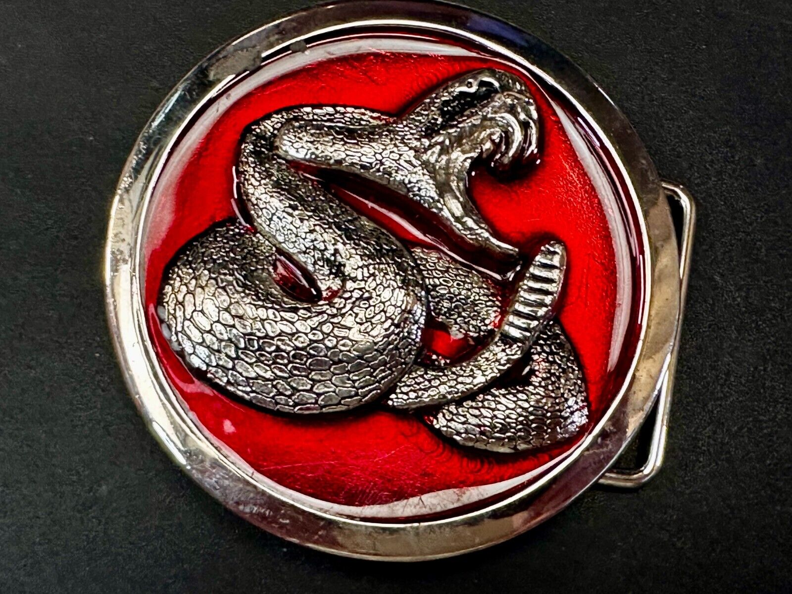 Attacking Snake with Fangs Red Enameled Round Belt Buckle Classico Italia #A246
