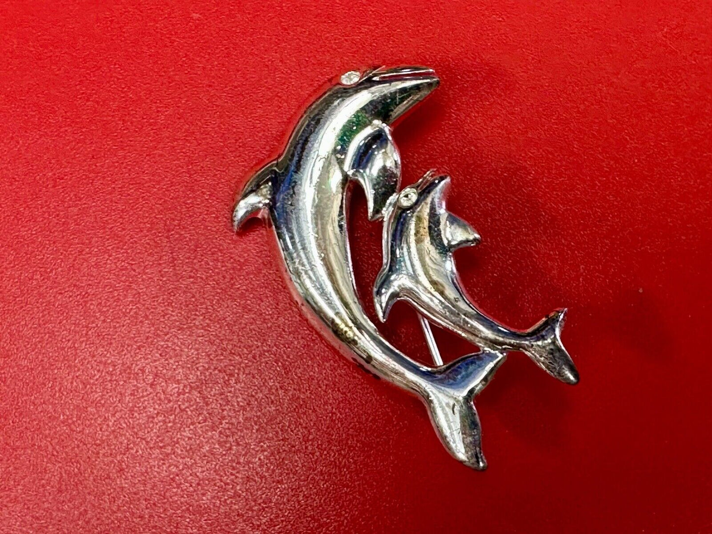 Two  Dolphins Curved Jumping in ocean scene AK Anne Klein Brooch Pin