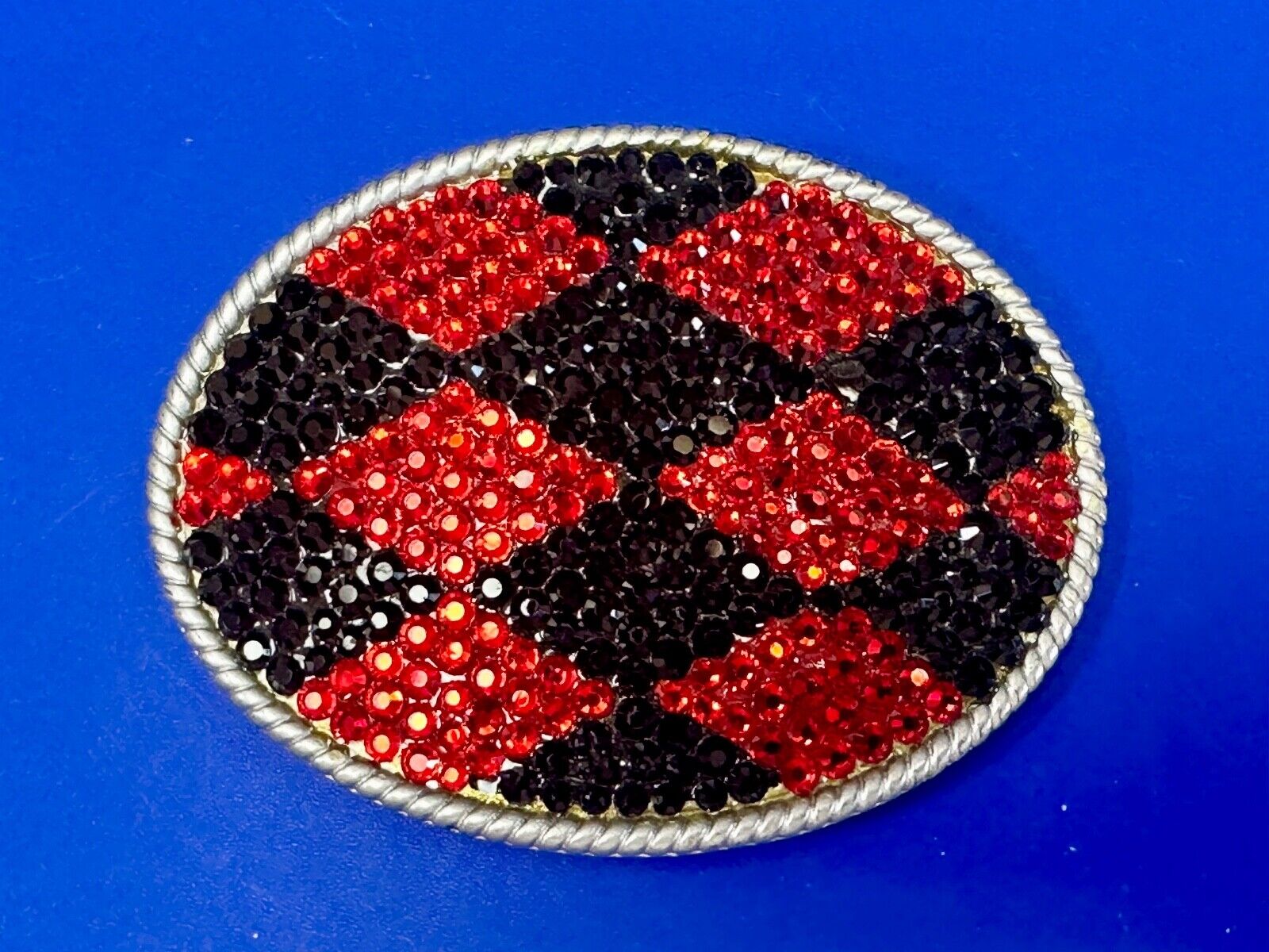 Black &  Red rhinestone Checkerboard Diamond Jester 3.75" wide belt buckle