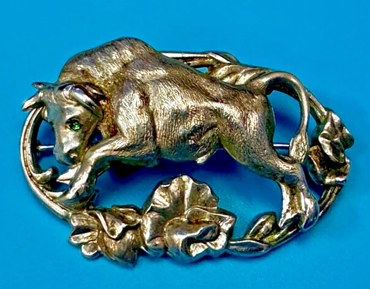 Taurus Bull 2" Wide Green Eyes -9 25 Sterling Silver Vintage Brooch by Otis