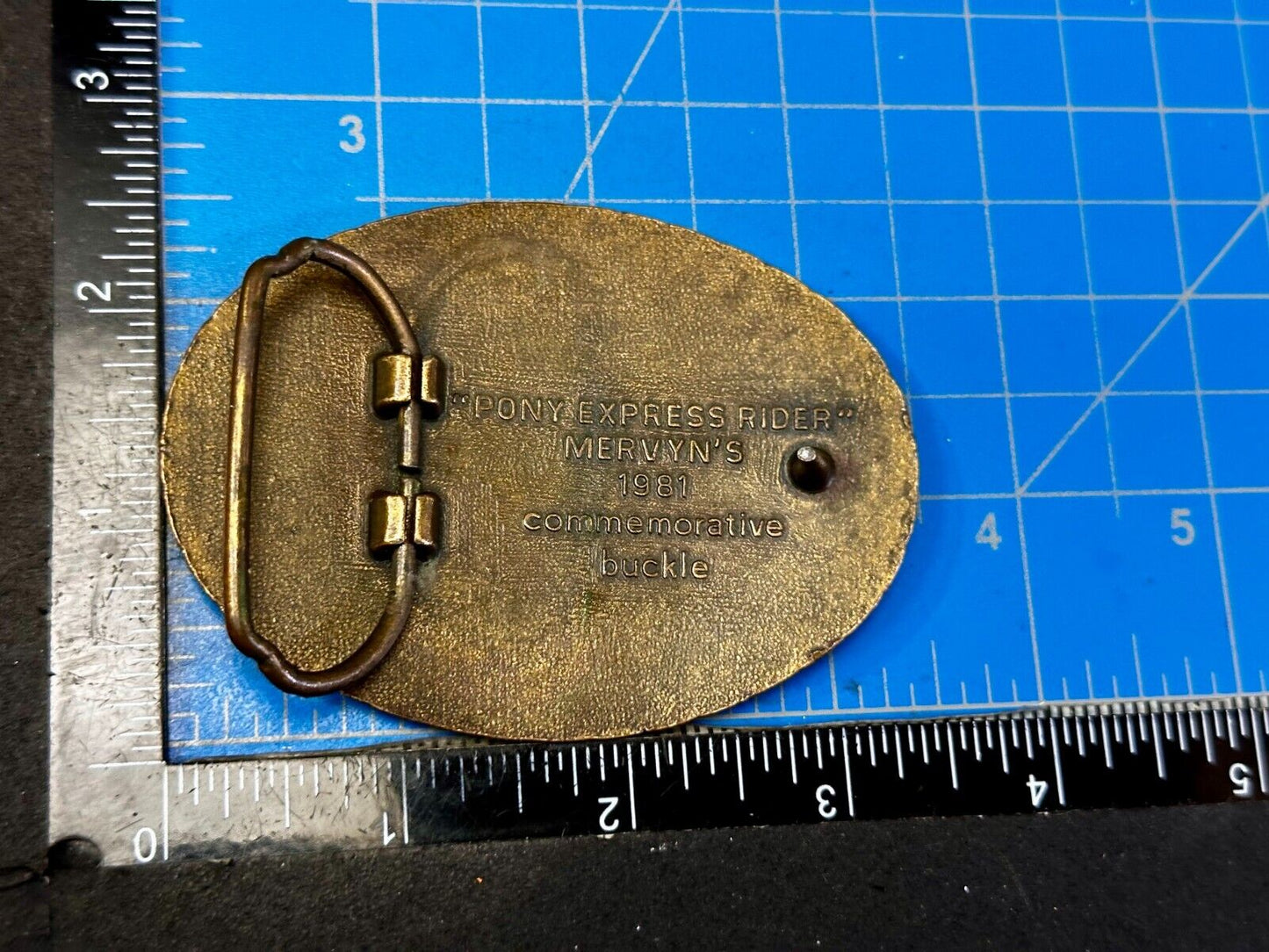 Vintage 1981 Pony Express Rider Mervyn's Commemorative Brass Tone Belt Buckle