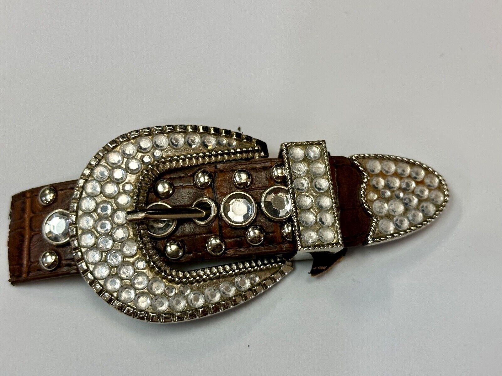 Three Piece western silver tone rhinestone ranger set belt buckle tip & keeper
