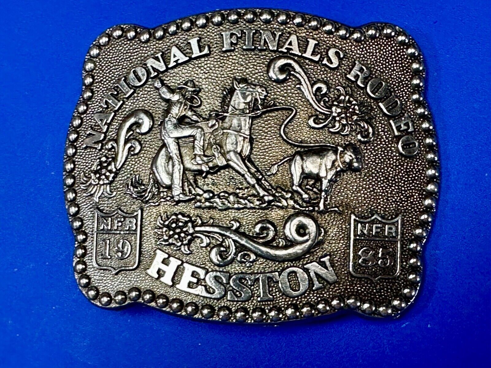 1985 NFR Rodeo Vintage Hesston Belt Buckle Steer Wrestling Cowboy