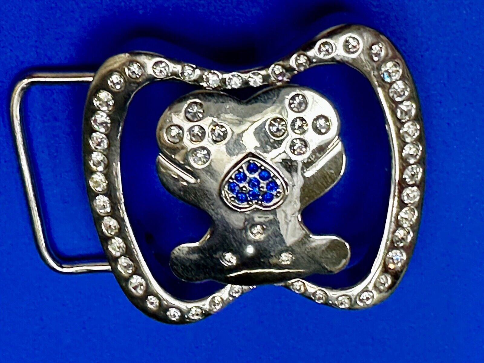 Teddy Bear W/ Heart Clear & Blue Rhinestone Accented Belt Buckle