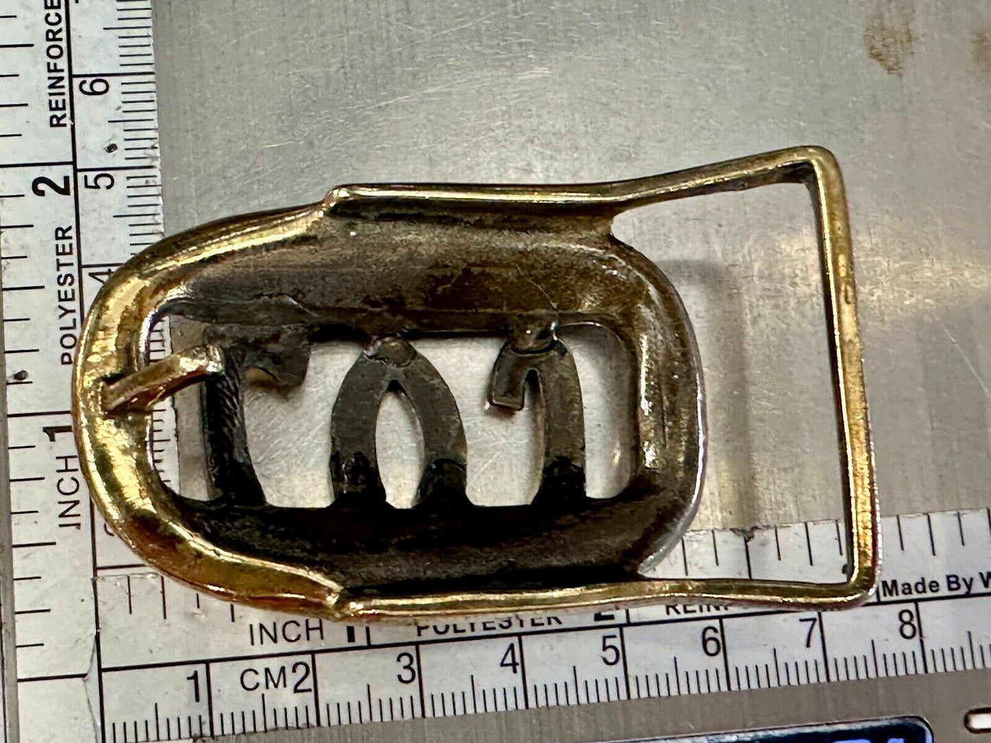 Vintage LVJ LUJ gold tone block letters cutout belt buckle
