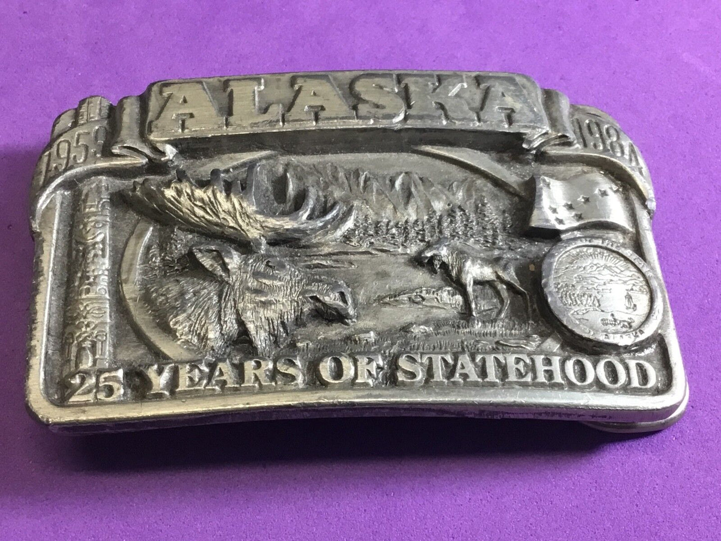 Alaska 25 Years Statehood Solid Pewter Vintage 1973 Siskiyou Belt Buckle