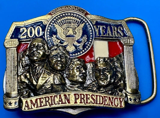 American Presidency Belt Buckle Vintage 200 Years Mount Rushmore Commemorative