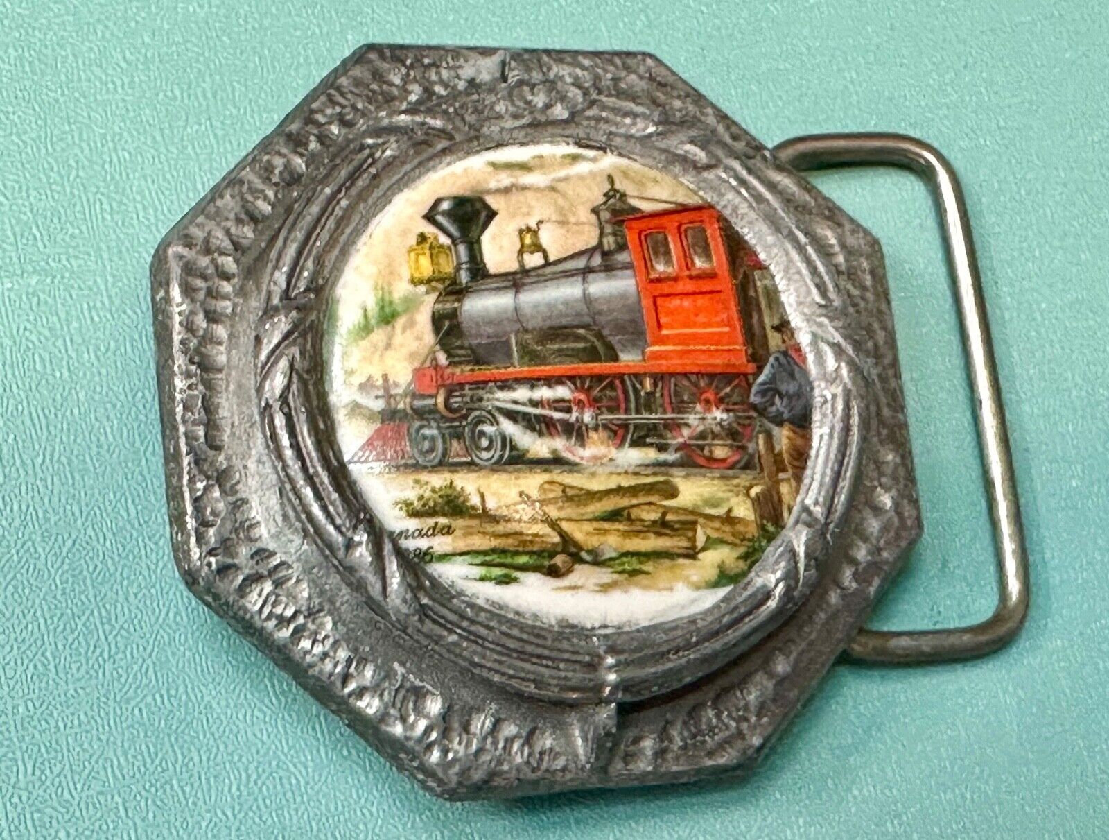Train Steam Engine Art Picture on ceramic and pewter Vintage Belt Buckle