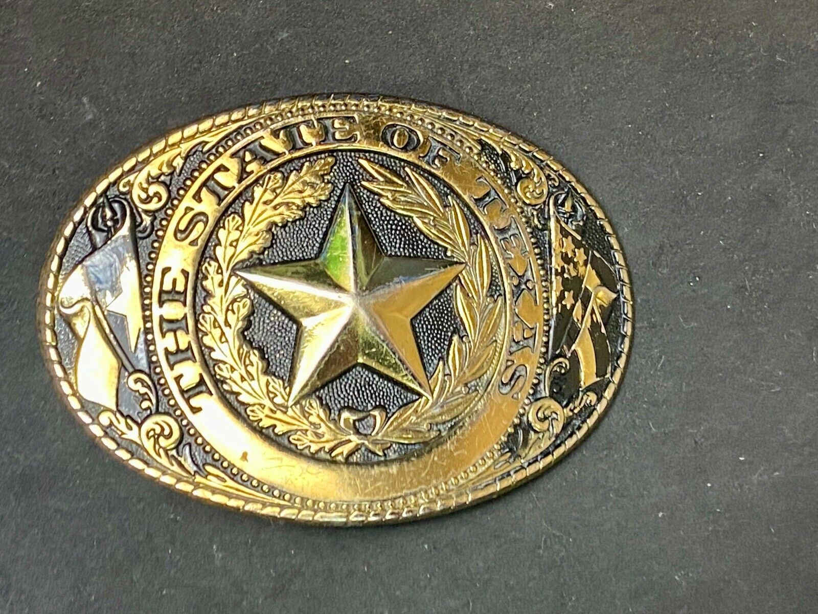 The State Of Texas Star Flag Ornate Gold Color Western Belt Buckle Marked W