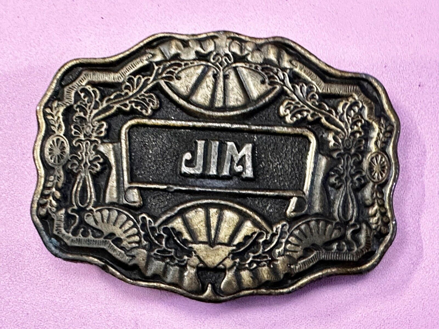 1970s  JIM Name - Custom Brass Tone Metal Oden USA Personalized Belt Buckle