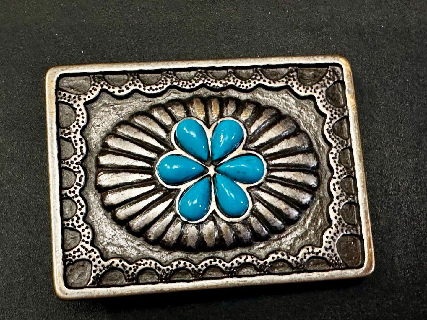 Turquoise Stone Center Floral Theme Native American Indian Style Belt Buckle