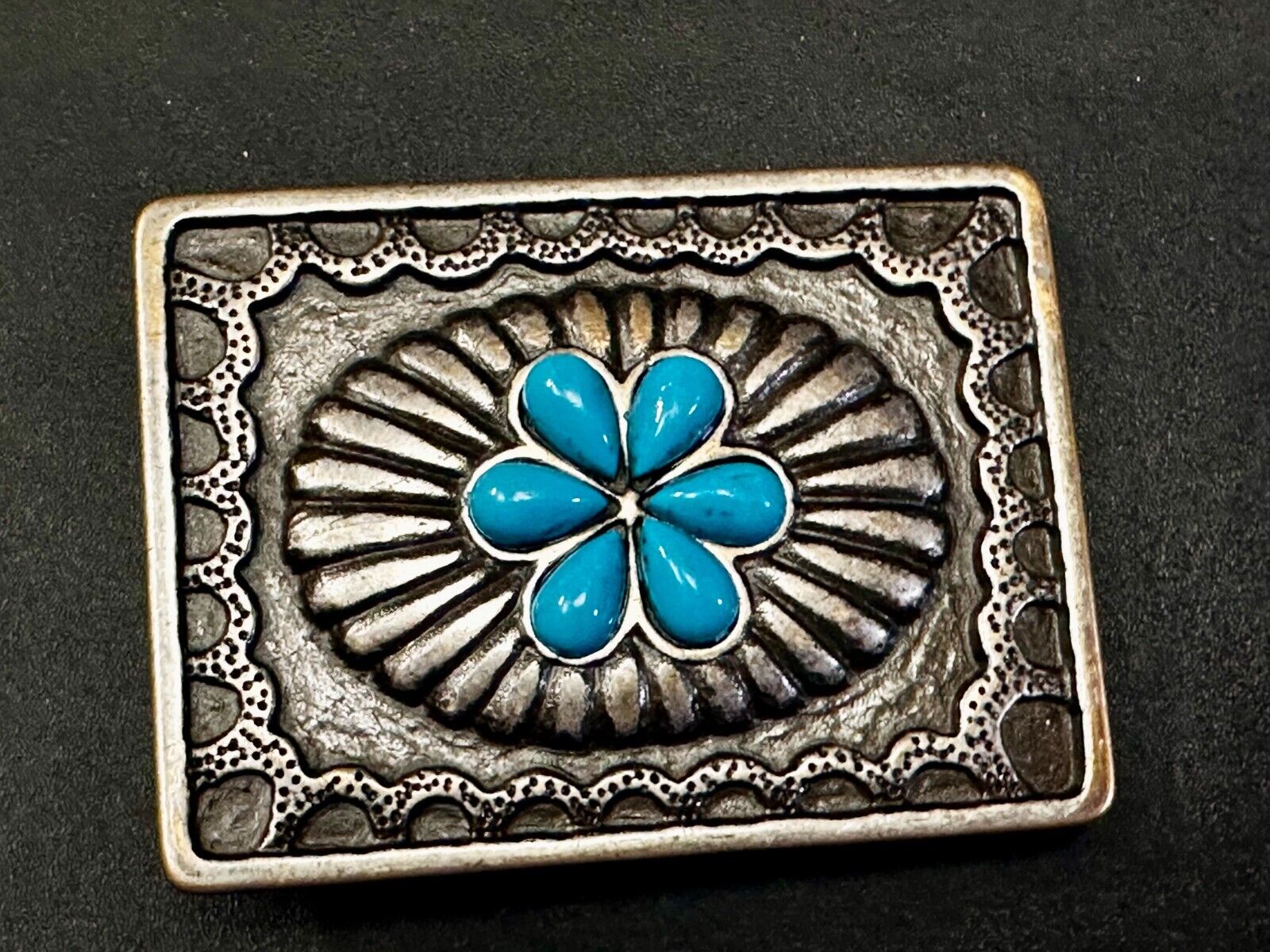 Turquoise Stone Center Floral Theme Native American Indian Style Belt Buckle