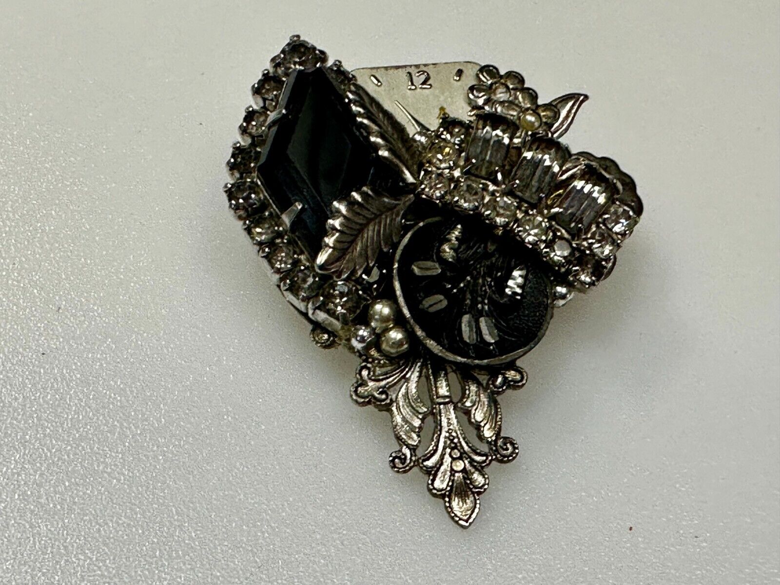 Victorian Style Flower Clocks with Rhinestone Artisan Silver Tone Brooch Pin
