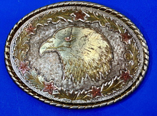 American Bald Eagle Bust profile, Mixed Color Etched belt buckle W Makers Mark