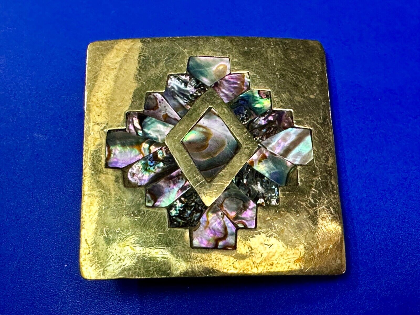 Vintage Inlaid Abalone Shell Into Solid Brass Hippy Vibe Alpaca? Belt Buckle