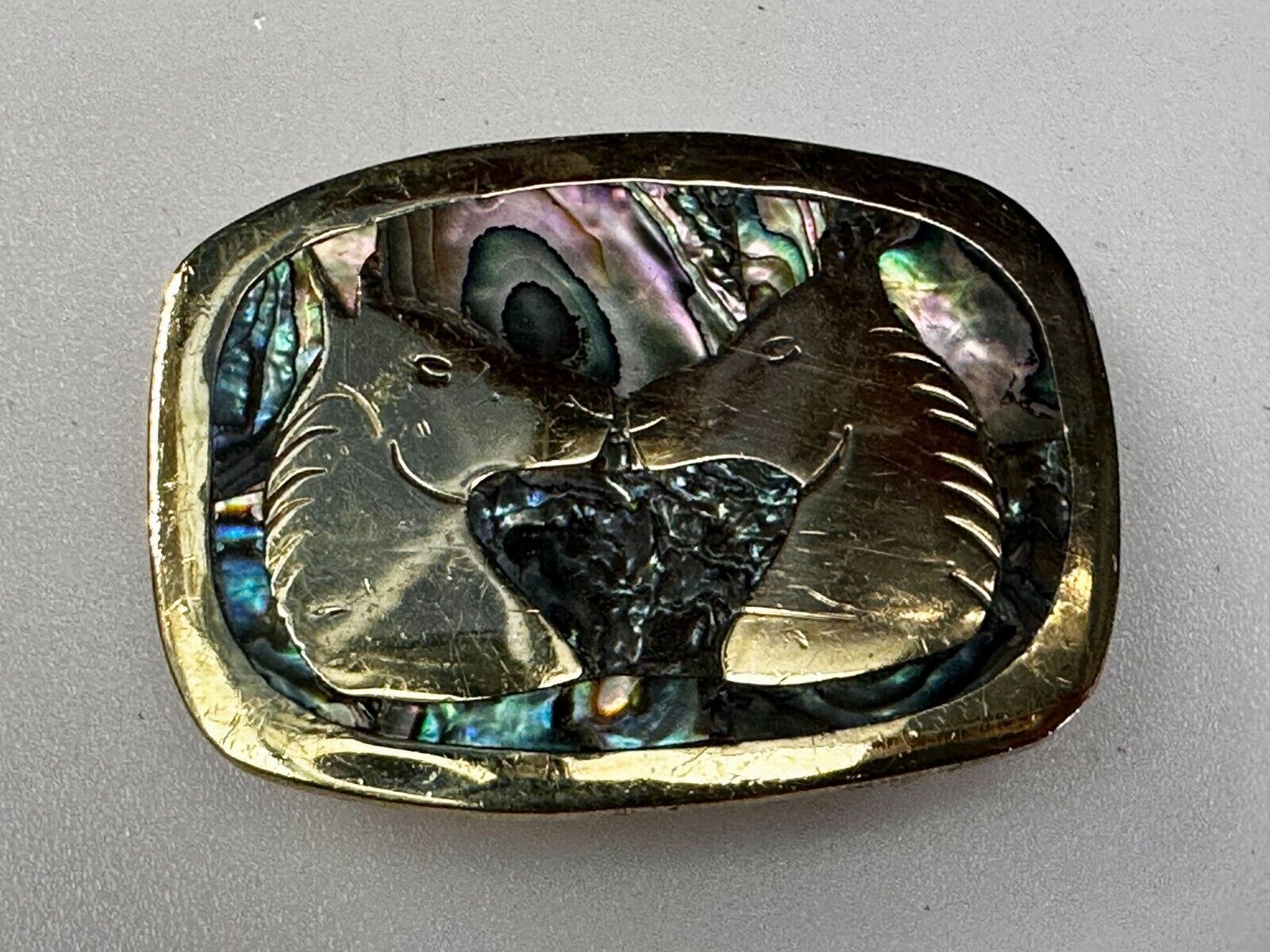 Two Horses Vintage Inlaid Alabone Shell Small Mexico Stamped Belt Buckle