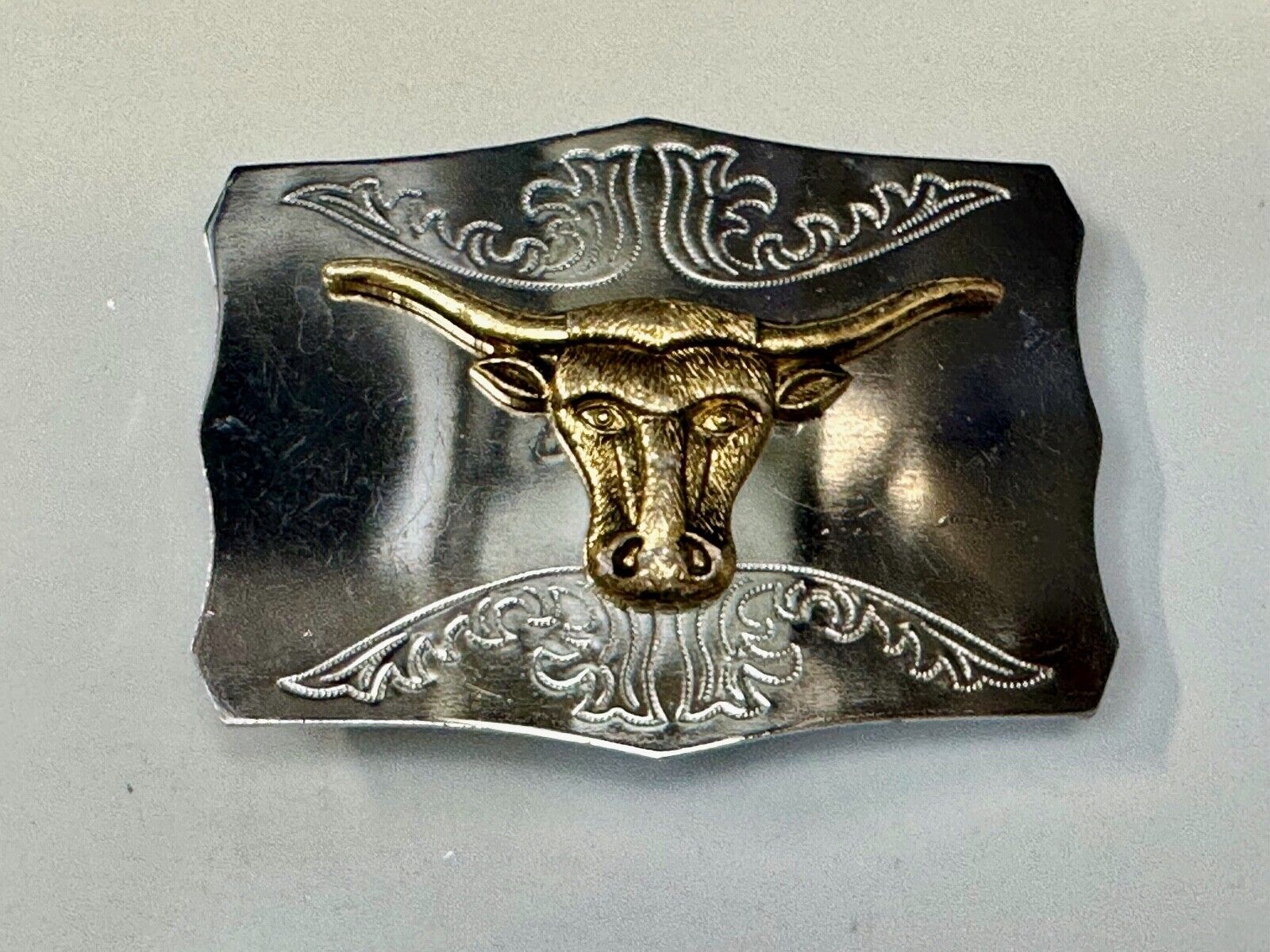 Two tone Raised Longhorn Cow Steer on Vintage Belt Buckle made in Japan