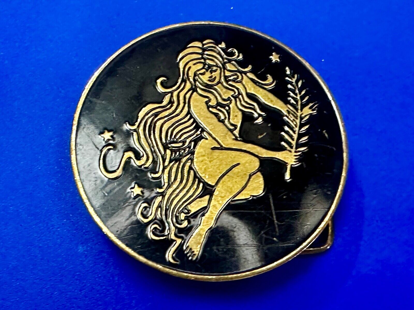 Beautiful Woman Stars Long Hair Hippie Boho Round Solid Brass Baron Belt Buckle
