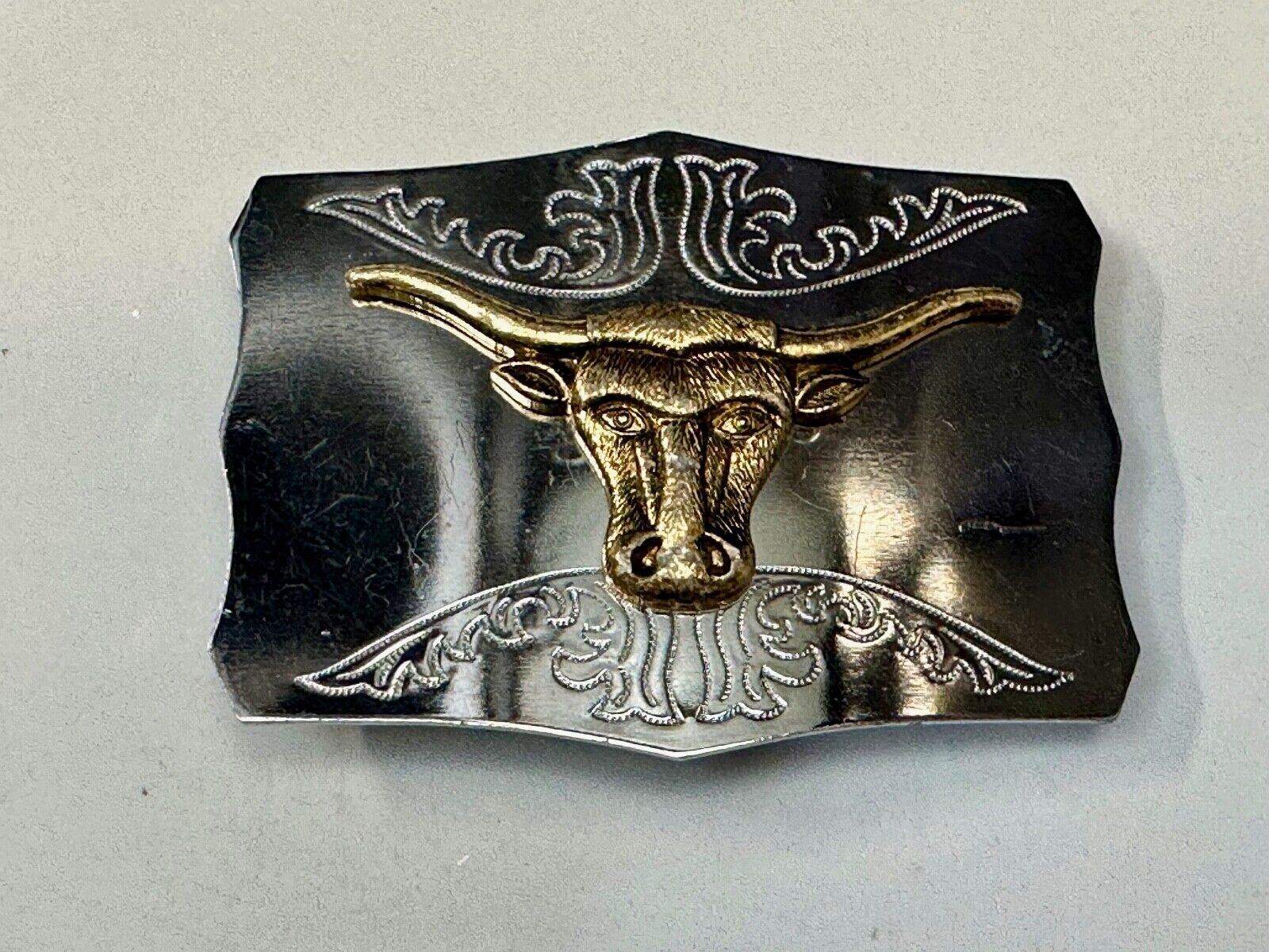 Two tone Raised Longhorn Cow Steer on Vintage Belt Buckle made in Japan