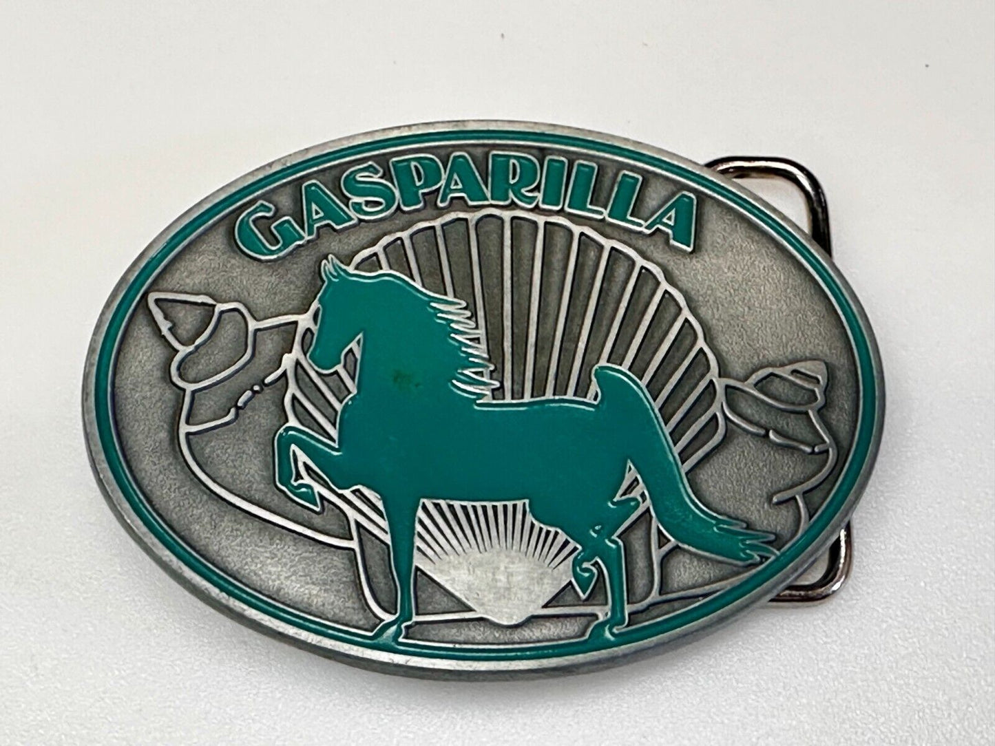 Gasparilla Horse Stallion W/ Sea Shells Green Enameled Accents Belt Buckle
