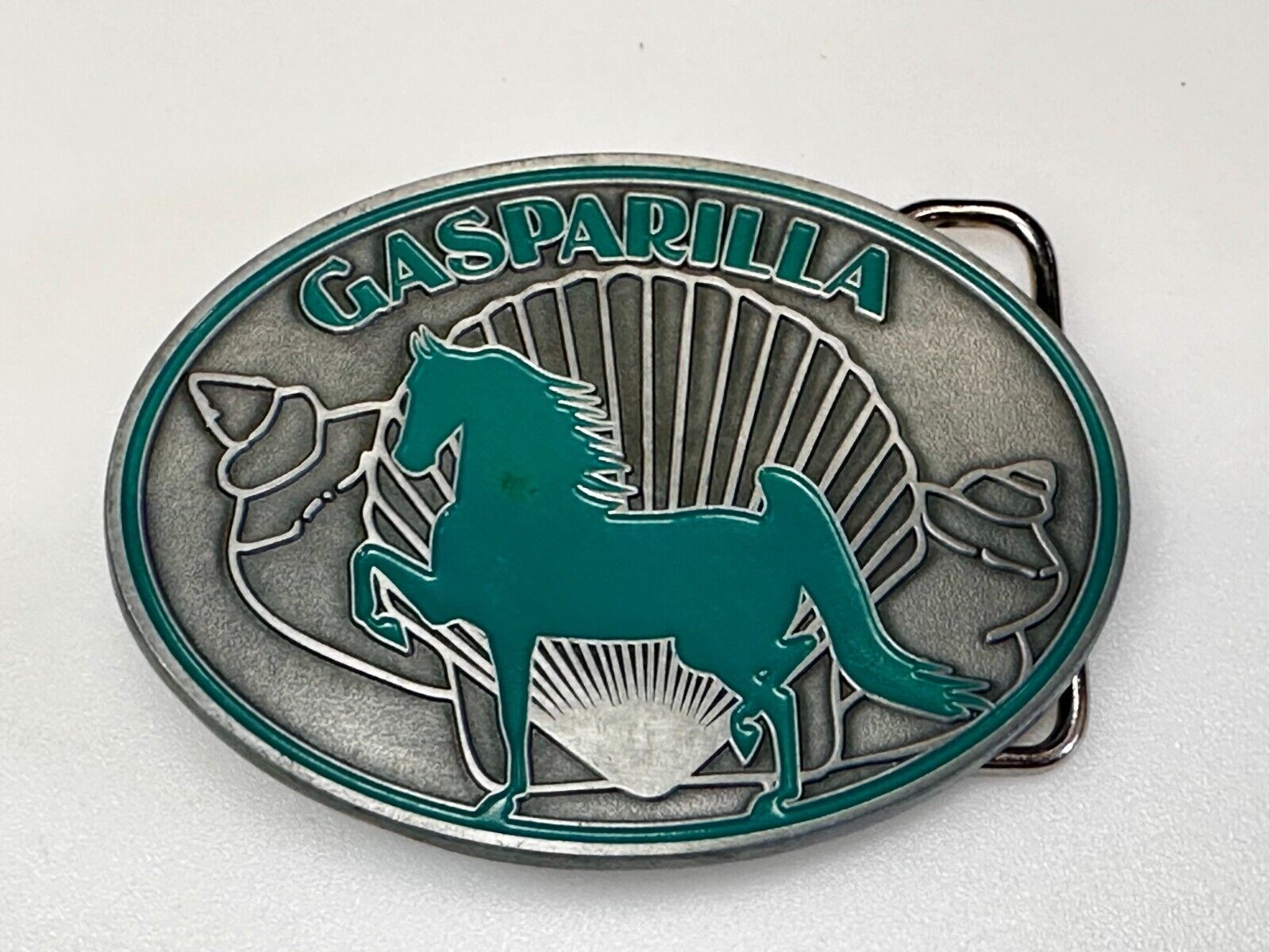 Gasparilla Horse Stallion W/ Sea Shells Green Enameled Accents Belt Buckle